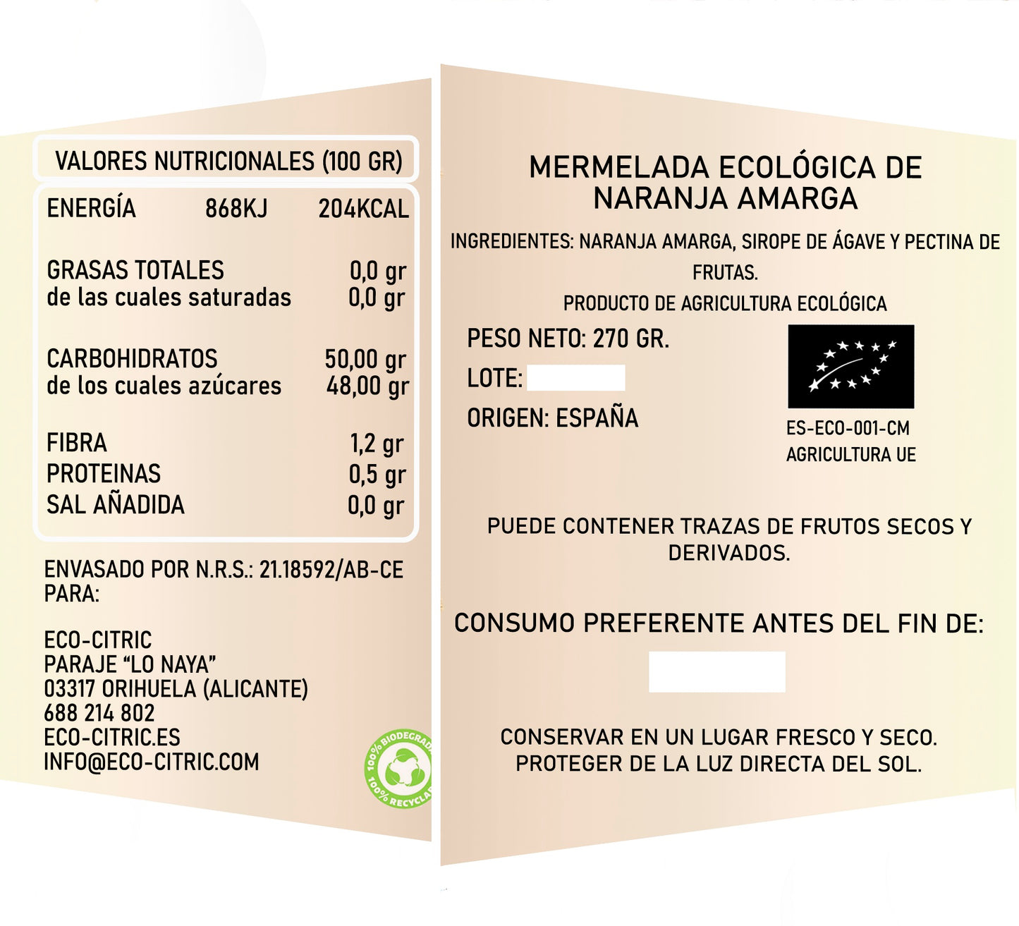 🍊 Mermelada Ecológica de Naranja Amarga con Sirope de Ágave - 260gr