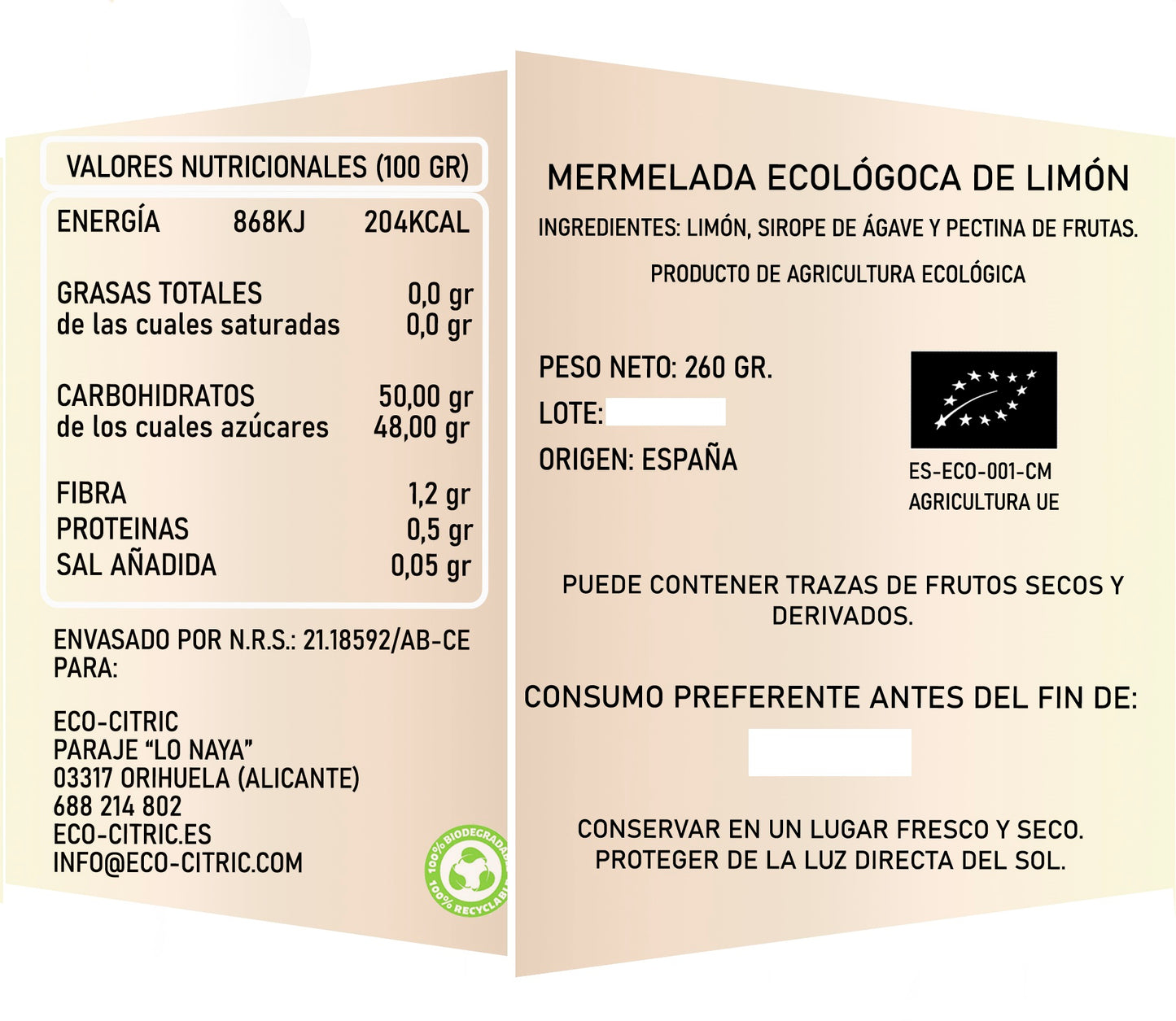 🍋 Mermelada Ecológica de Limón con Sirope de Ágave - 260gr