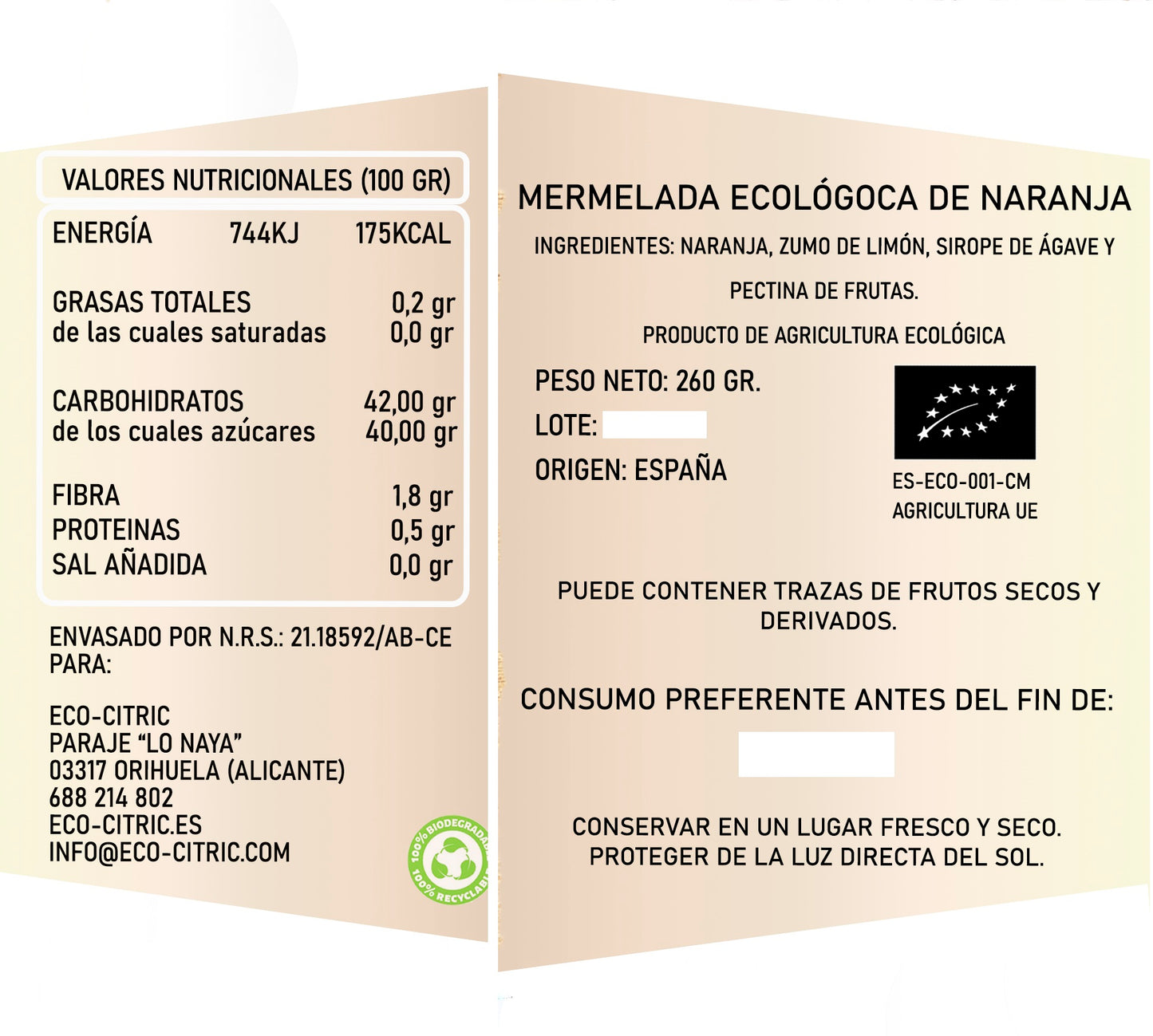 🍊 Mermelada Ecológica de Naranja con Sirope de Ágave - 260gr