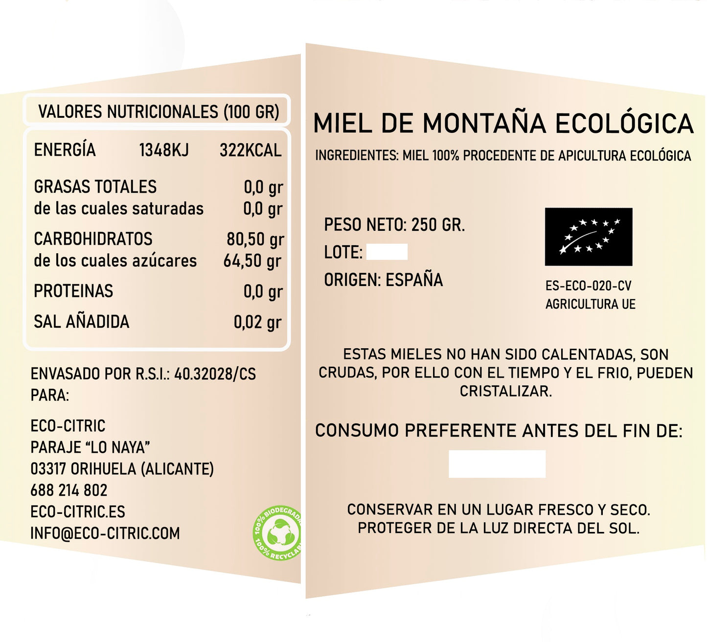 🍯 Miel de Montaña Ecológica 🌲🐝 – 250 g